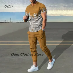 New Men Fashion Sportswear Set Men's Streetwear Short Sleeve T Shirt+Long Pants 2 Piece Trousers Tracksuit For Male Clothing