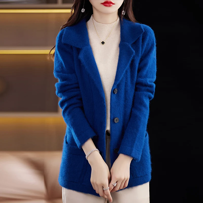 Hot selling cardigan women\'s lapel 100% mink cashmere sweater long sleeved knitted comfortable warm jacket single breasted sweat