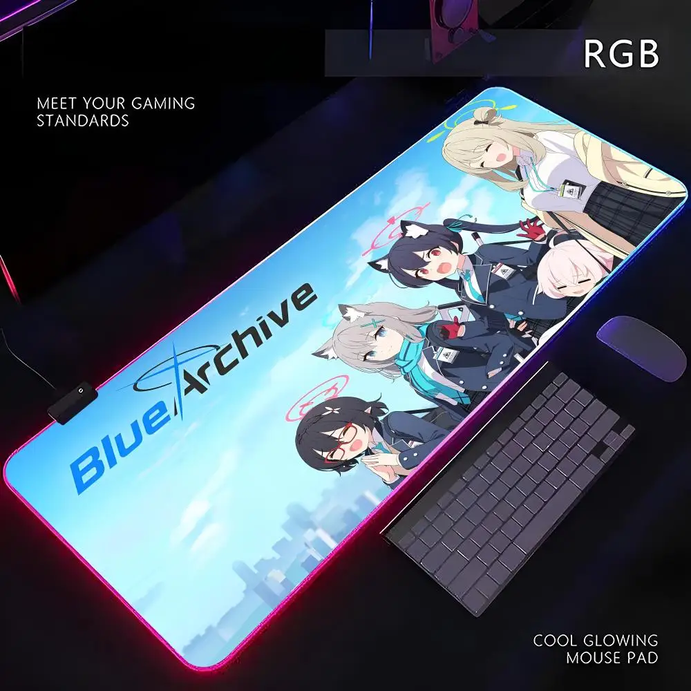 Blue Archive Mouse Pad RGB Gamer LED Light Mouse Mat Peripherals Mousepad Computer Desk Mat XL Mice Keyboard Carpet