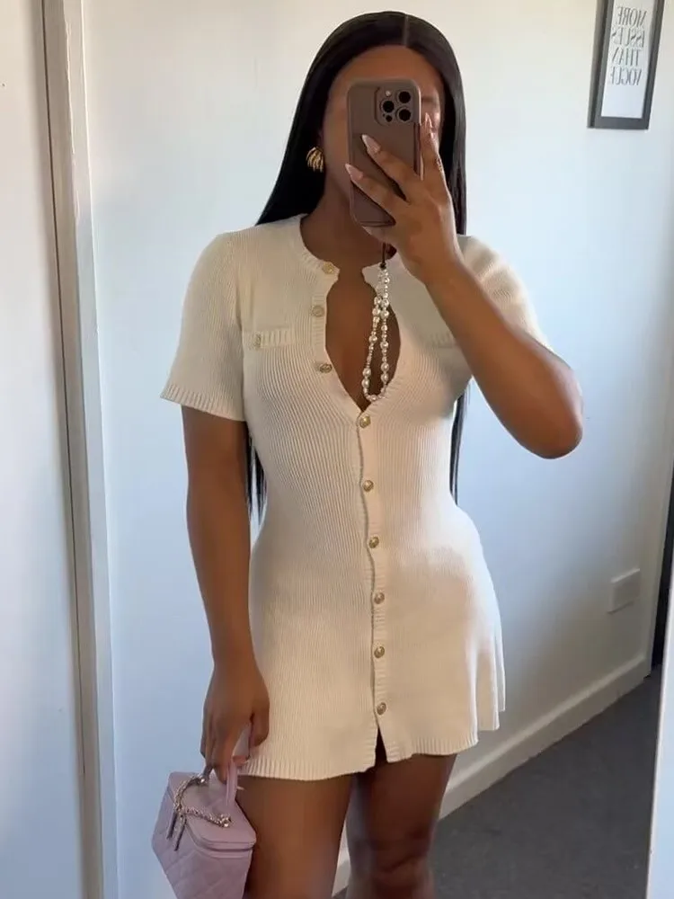 Solid Color Elegant Knitted Mini Dress For Women Metal Button Sexy Slim Rib Sweater Dress Holiday Party Outfits Spring 2024 New