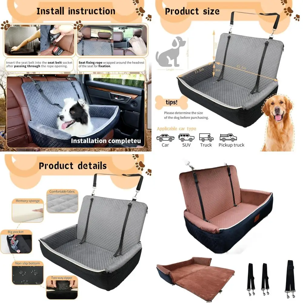 

Удобное моющееся автокресло для больших собак или двух маленьких собак с креплением на ремень безопасности (черный/коричневый)