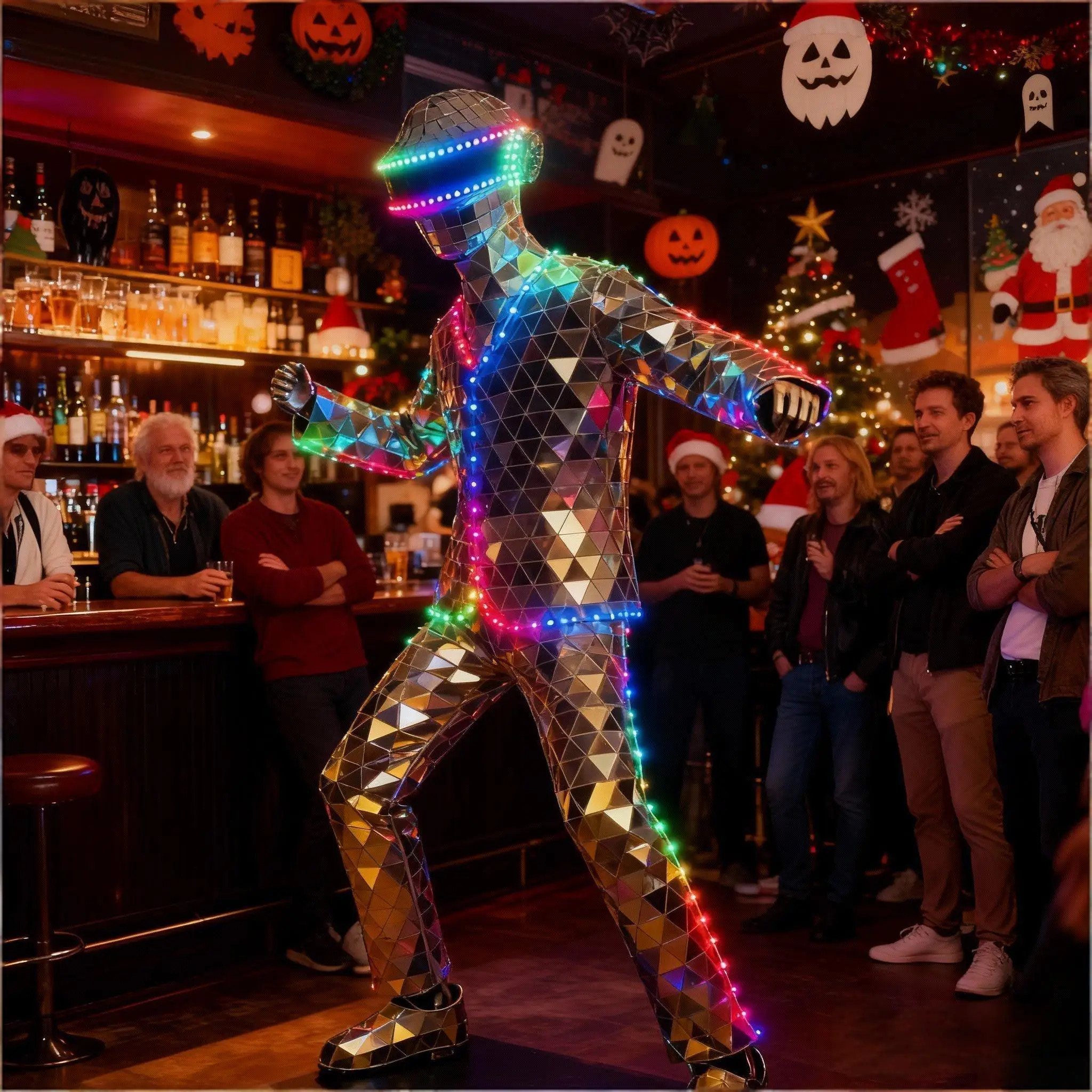 

Halloween Silver LED Mirror Man Stilts Walker Costume with Hand Sewn Performance Mask Stage Show Glass Cosplay Clothing