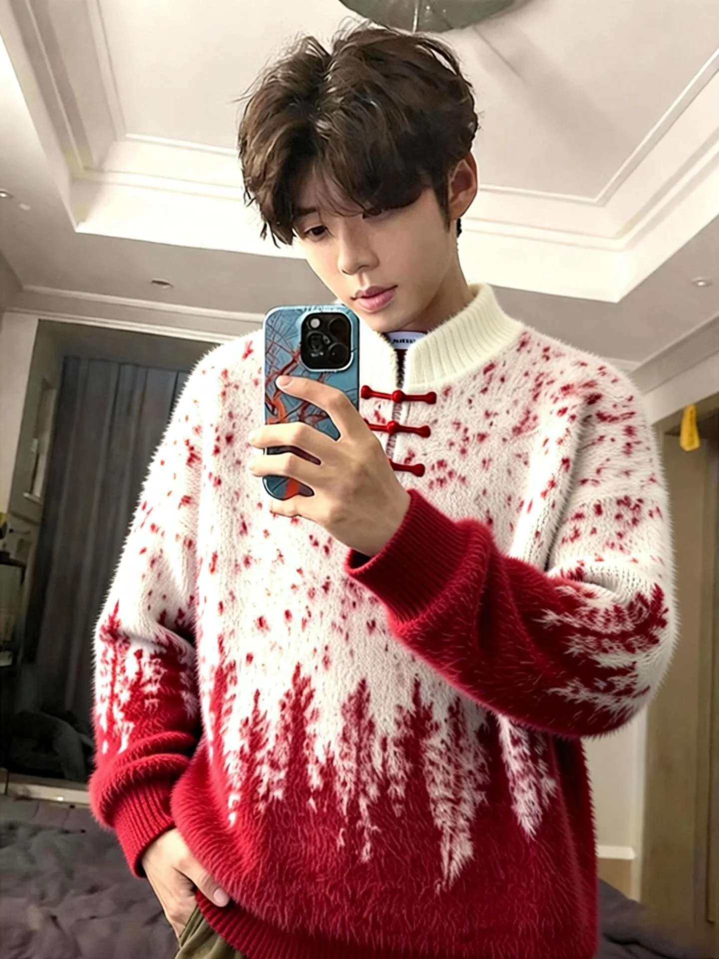 

Red Chinese Sle Men's Knitted Sweater with Button Stand Collar Inner Wear Base irt Lazy Sle High Emotional Coupling Win...