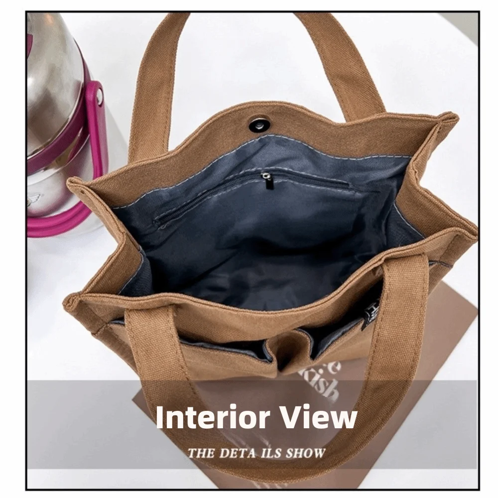 Casual Style Solid Color Canvas Handbag Multi Pocket Durable Handle Bag Eco-Friendly Lightweight Lunch Box Bag Daily Use