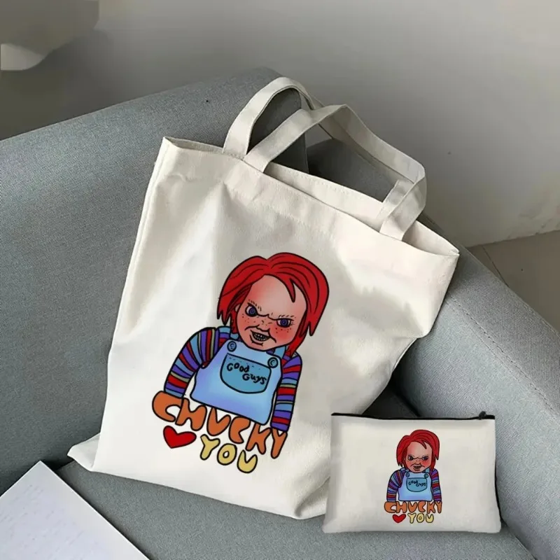 Chucky Terror Bride Ladies Canvas Shoulder Bag Cosmetic Bag Set Fashion Handbag Eco Large Capacity Shopping Bag Purse Gift