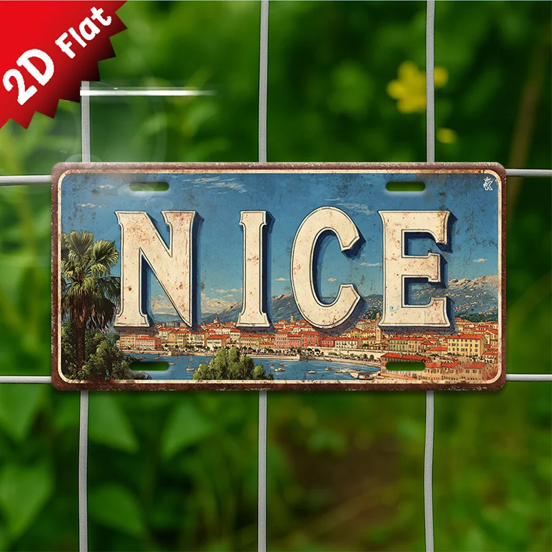 2D Flat, 1pc Vintage Nice France Metal Wall Sign - Large 29.97cm x 14.99cm French Riviera Cityscape with NICE Lettering, French