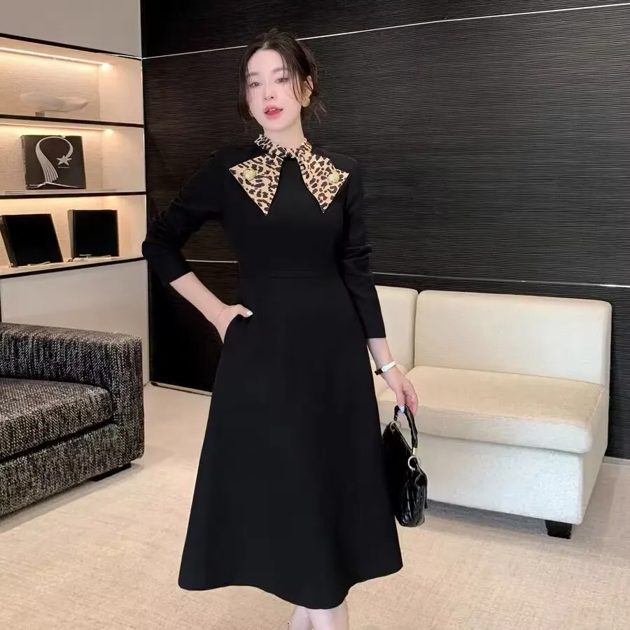

2025 New Autumn Women's Black Silk Wool Dress Fashion Patchwork Leopard Bow Vintage A-Line Long Dresses