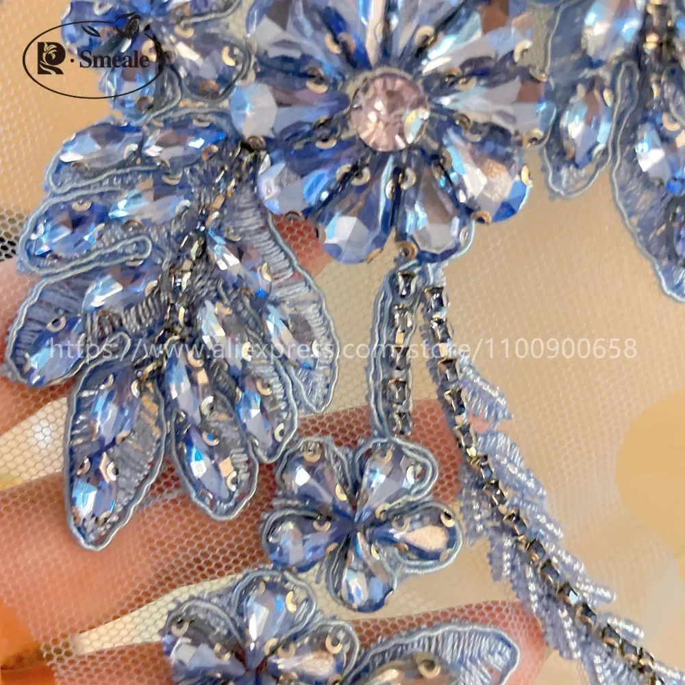 1Pair New Color Hand-sewn Glass Drill Mirror Flowers Sparkling Rhinestone Coats Waistbands Shoulders Wedding Dress DIY Patch