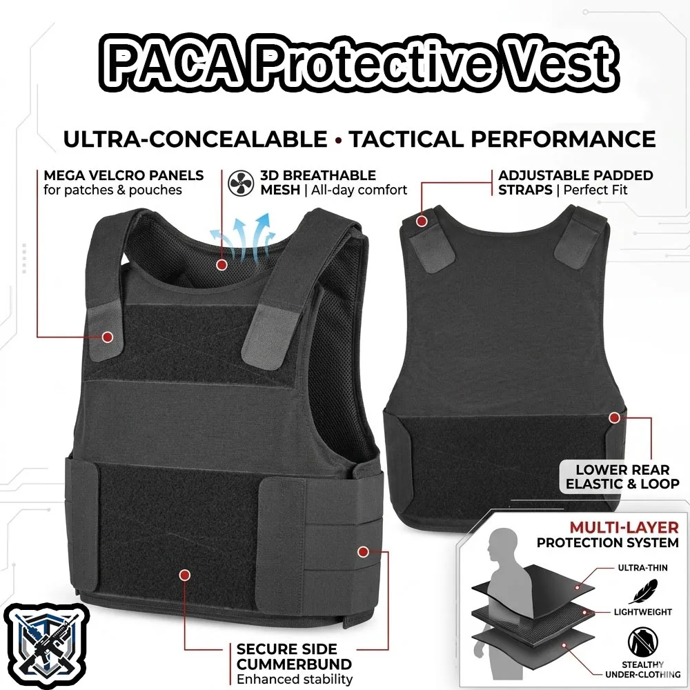 Chaleco Táctico de Baja Visibilidad Estilo PACA SVS, Chaqueta Protectora Interior Oculta, Chaleco de Combate Duradero de Nailon CORDURA para Exteriores