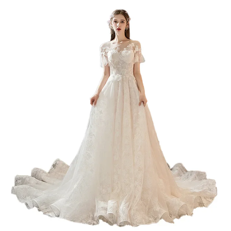 GIYSILE Princesa O-pescoço Uma Linha Pagoda Manga Renda Apliques Vestido de Noiva Vestidos de Casamento para Mulheres Boho Vestido de Noiva Vestido Branco