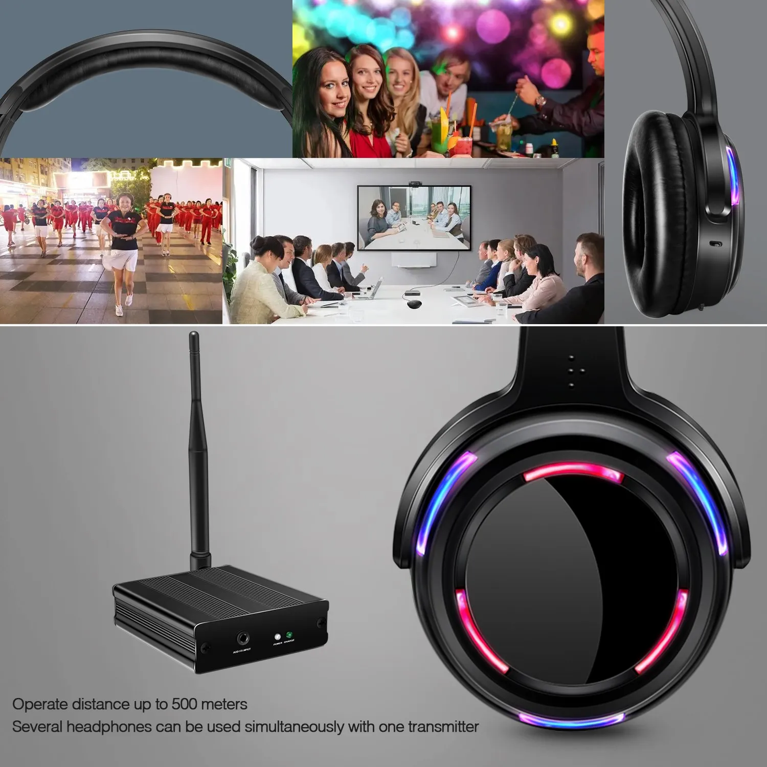 Professionele Silent Disco 50 LED-hoofdtelefoon met 500 m afstandszenders - RF Wireless voor DJ Club Party Meeting Broadcast