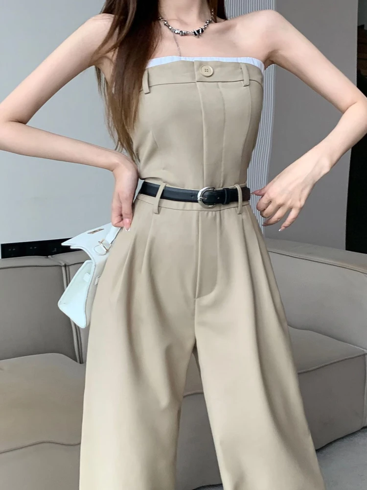 Women's Linen Blend Cargo Jumpsuit Sexy Strapless Belt Bodysuit Pockets Rompers Official Clothing