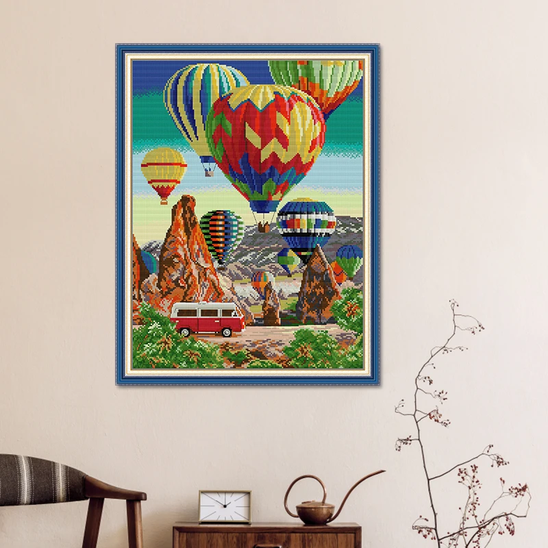 Colorful Hot Air Balloo Joy Sunday Printed Cross Stitch Kits 14CT 11CT Count Canvas Embroidery Kit DIY Handmade Home Decor Gifts