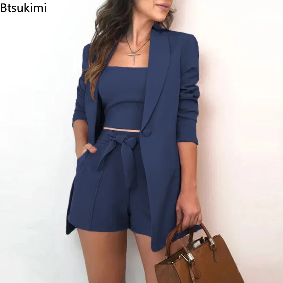 2024 conjuntos de blazer feminino para senhoras do escritório ol shorts conjuntos superiores sólido topo & blazer casaco & shorts define elegante 3 peça roupas femininas