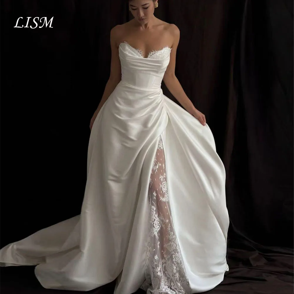 

Lism Customized Elegant Wedding Dress Strapless Pleated Side Slit Satin with Lace A-Line Modern Bridal Gown Formal Bride Dresses