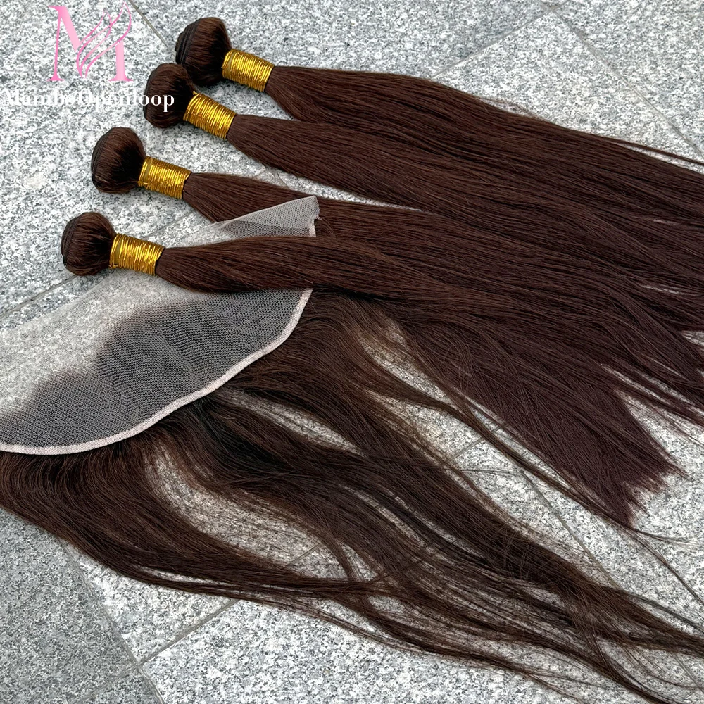 

# 4 100% человеческие волосы, шоколадно-коричневые прямые пучки с фронтальной частью 13x4, бразильские плетения волос, 3 шт., пучки с кружевом 13x4