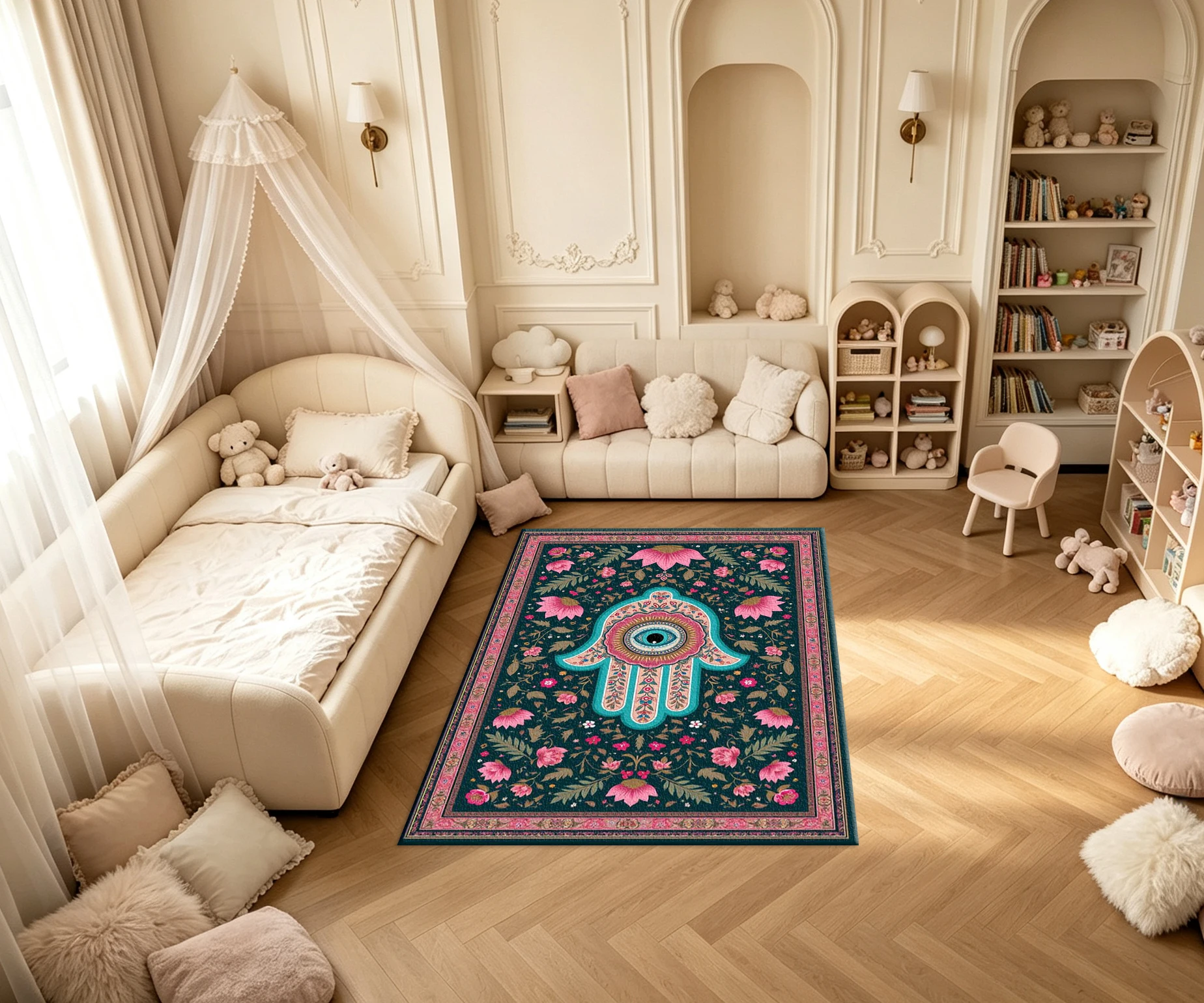 Hamsa Hand Evil Eye Floral Carpet Flooring Boho Oriental Vintage Framed Art Printed Square Floor Rug for Household Space Decoration