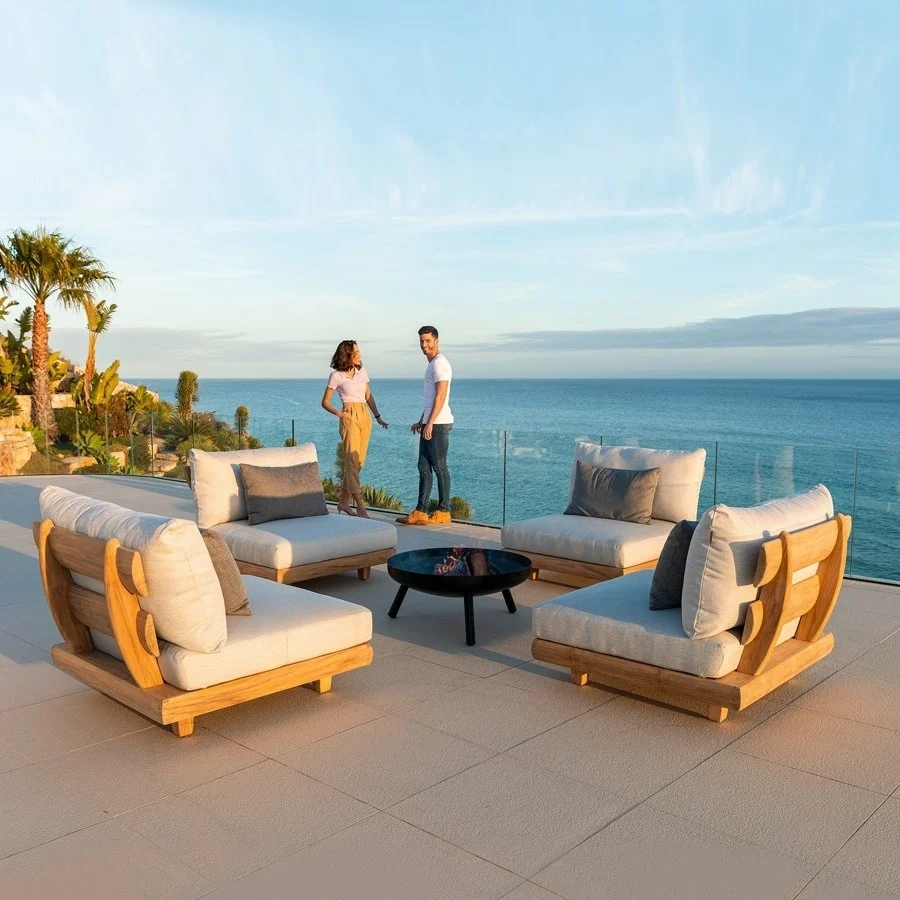 #Outdoor Nordic Teak Sofa Set Courtyard Villa Rainproof Sunscreen Movable Combination Furniture