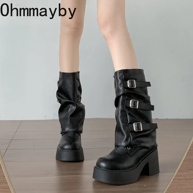 الخريف الشتاء منصة سميكة وحيد النساء الأنابيب الأحذية موضة الانزلاق على فستان أحذية السيدات أنيقة الارتفاع زيادة منتصف العجل الجوارب