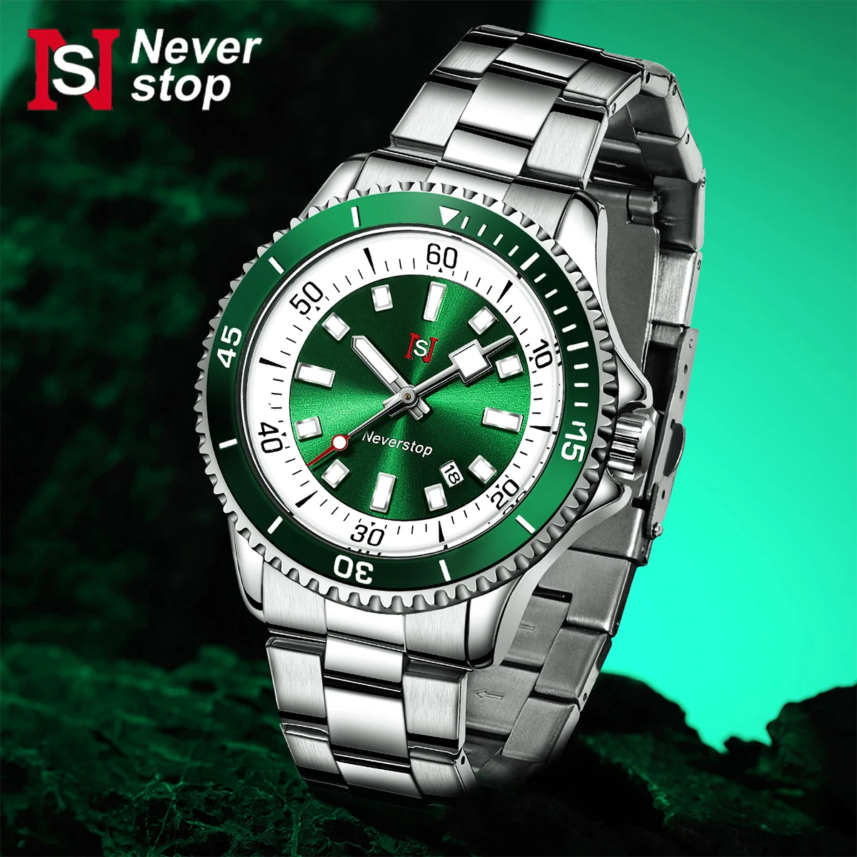 

NS Diving style Mens Watch Stainless steel waterproof glow-in-the-dark watch Metal strap Daily swimming sports watch