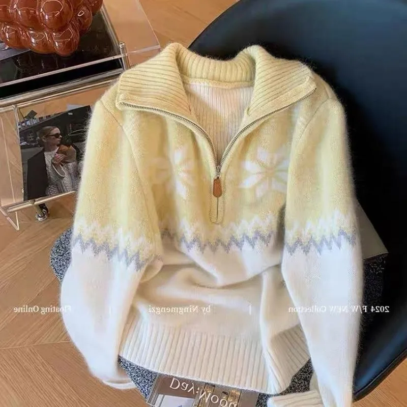 

Модный жаккардовый свитер на молнии с длинными рукавами и лацканами для маленьких женщин, универсальный мягкий восковой свитер, пуловер