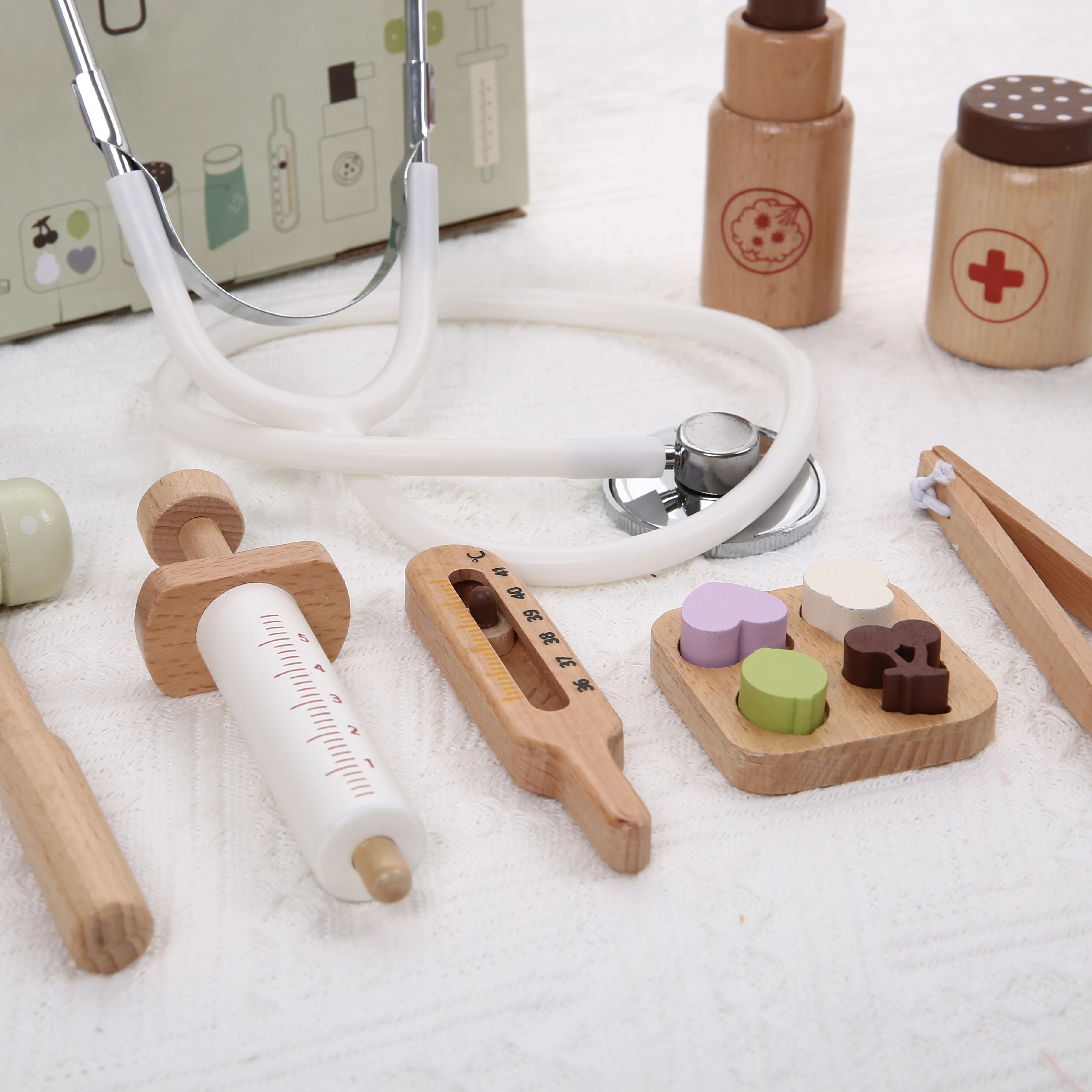 Kit medico per stetoscopio da infermiera simulato per bambini, set di siringhe, giocattolo per casa da gioco per ragazzi in legno