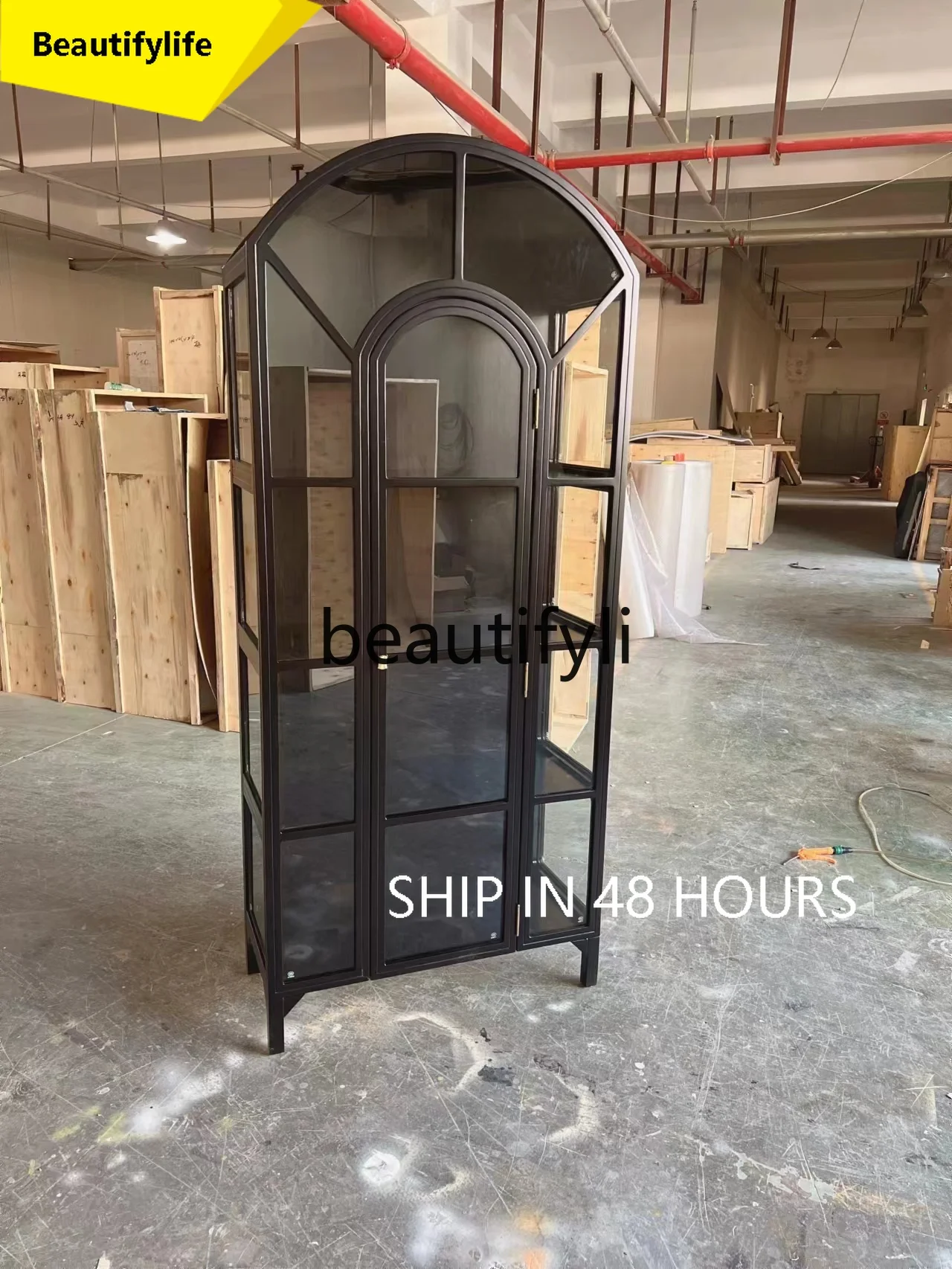 

6239 American-style Light Luxury Solid Wood Bookcase Simple Arched Design with Glass Door Display Cabinet Vintage Wine Cabinet