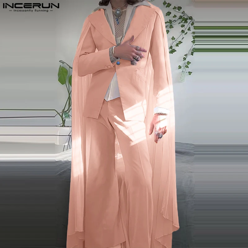 INCERUN, chaqueta para hombre, capa de malla con solapa de retales, manga larga, un botón, trajes informales para hombre, ropa de calle, capa con volantes, chaqueta de moda para hombre