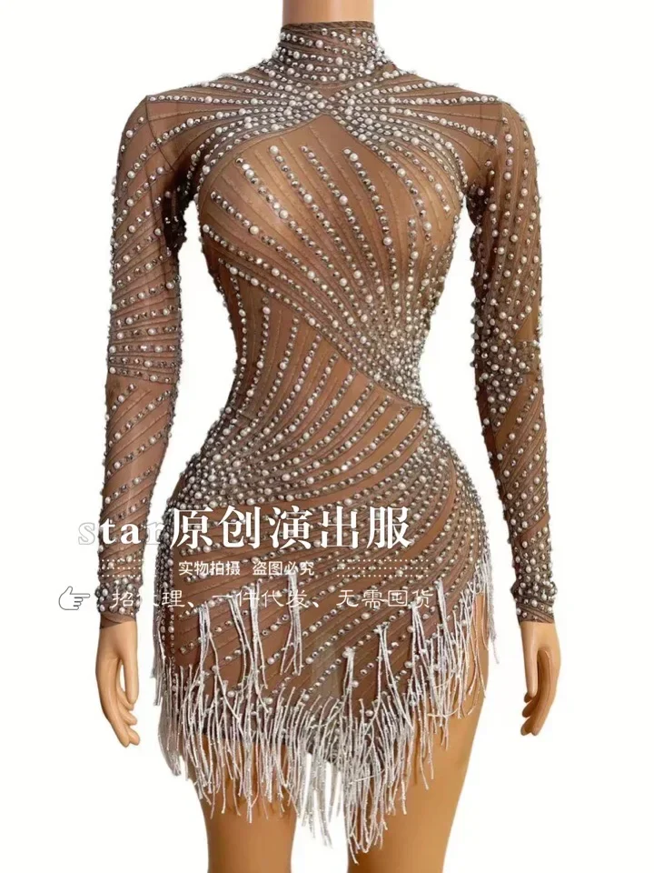 sexy  Rhinestones Pearls Fringe Transparent Dress Bar Birthday Celebrate Dress High Neck Outfit Women Dance Dress