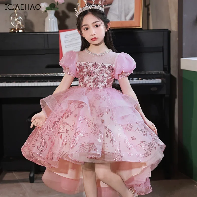 2025 Children's Tutu Dress New Spring Summer Matching Super Fairy Flower Girl's Wedding Birthday Host Princess Clothes