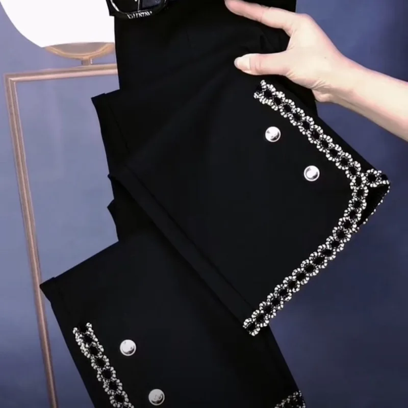 Smoke Tube Small Fragrance Elastic Micro-flare Pants Spliced New High-waisted Slim Fit Nine-point Pants