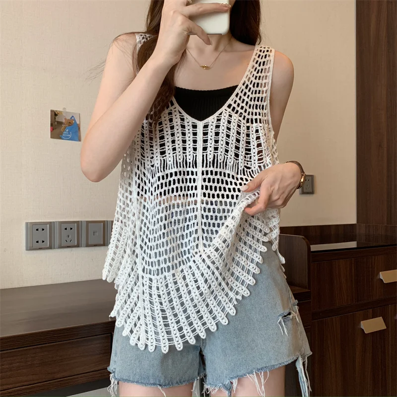 Boho Crochet Top Hollow-out Lace Sleeveless Knitted Tank Cami Women Summer Camisole Beach Cover-Up Resort Wear