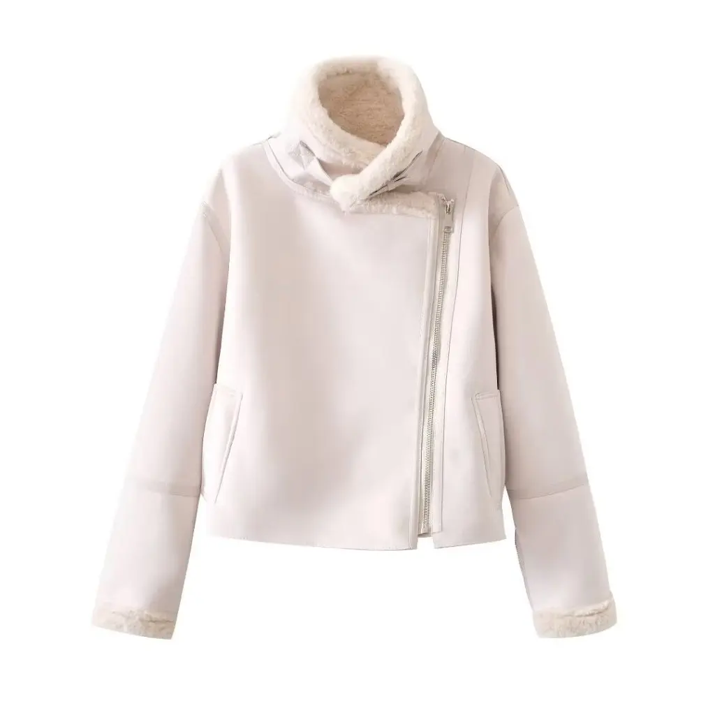 Inverno casaco de couro feminino moda engrossado lapela manga longa oblíqua zíper cinto pele integrada novo