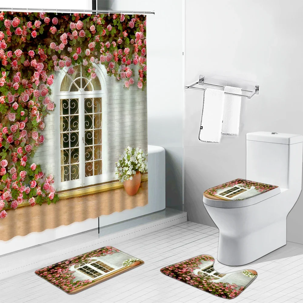 Garden Background Wall Flower Plant European Style Scenery Shower Curtain Set Rural Landscape Bathroom Bath Mat Toilet Cover Rug