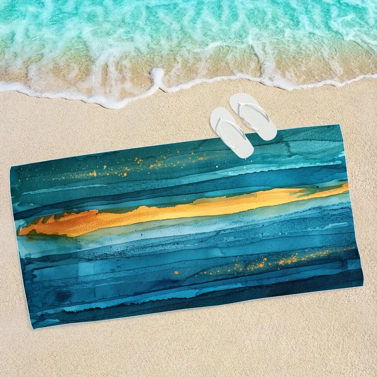 Abstract Blue Gold Watercolor Beach Towel, Soft Microfiber Quick Dry Bath Towel, Summer Travel Accessories for Swimming & Spa