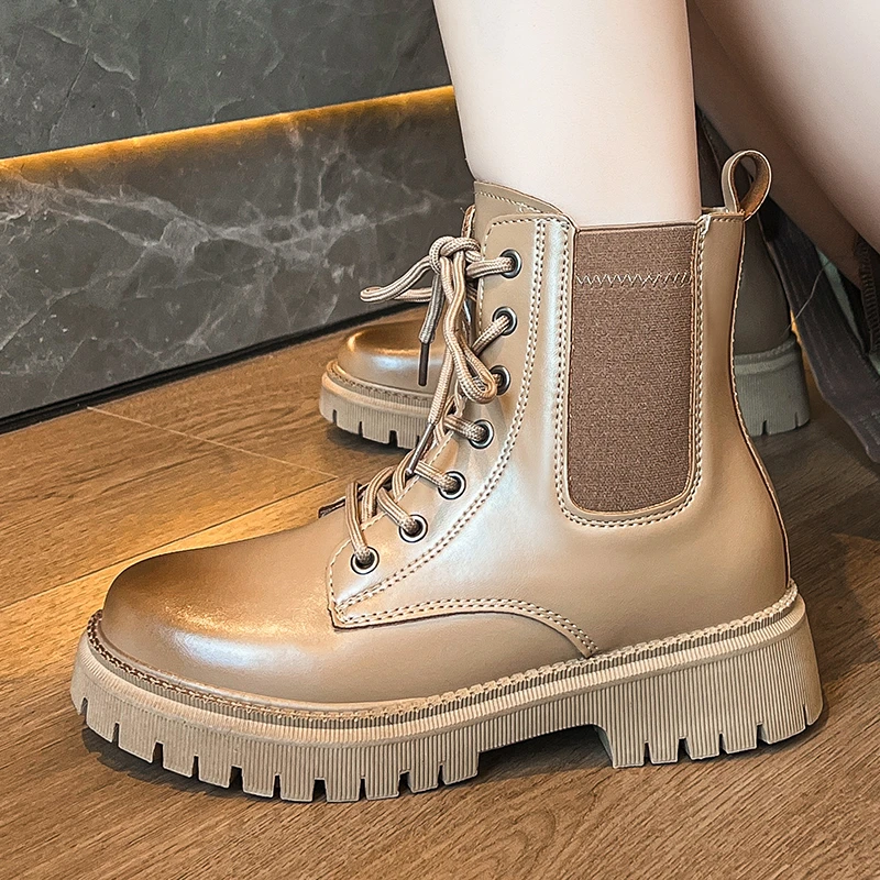 Winter Women\'s Boots 2023 New Fashion Gradient Round Toe Khaki Platform Shoes Female High-top Lace-up Hiking Boots Zapatos Mujer