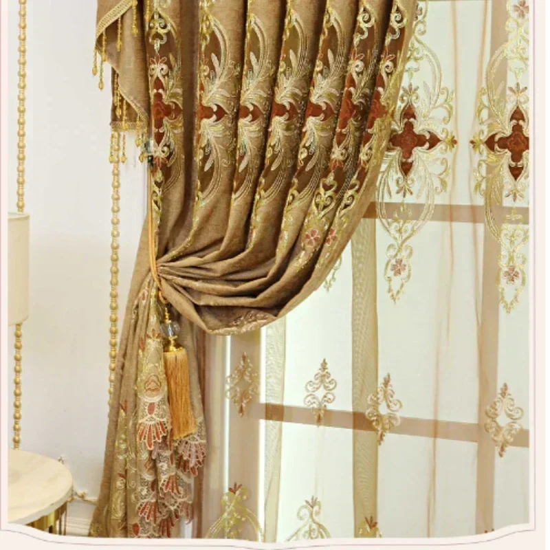 

Customize Curtains for Living Room Bedroom Valance Tulle Hollow-out Embroidery Size Coffee European Villa Luxury Blackout Dining