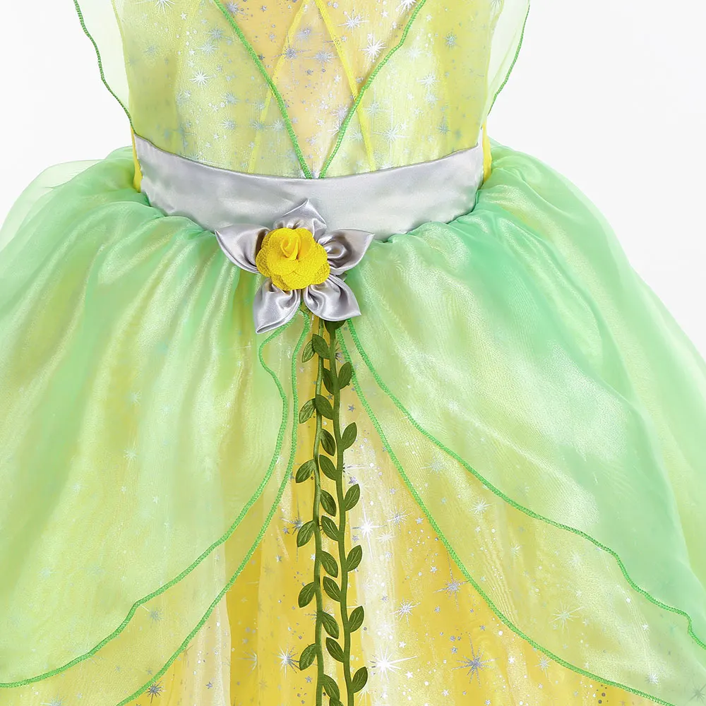 Disfraz clásico de Tiana de cuento de hadas para niñas, vestido de fiesta verde de princesa elegante, vestido de baile de Navidad, Vestidos de princesa y rana