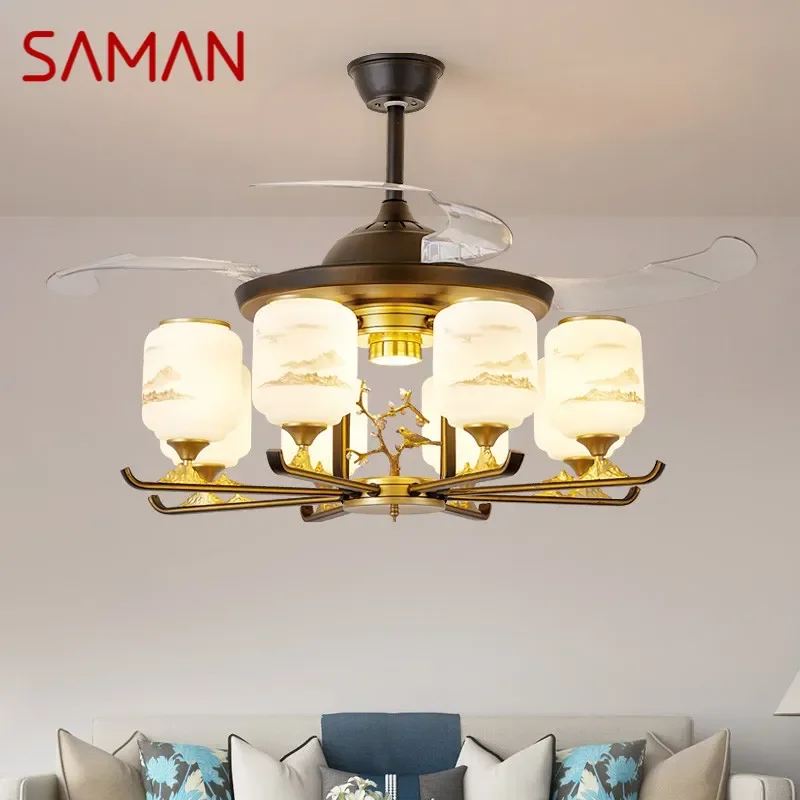 

SAMAN Modern Stealth Fan Light Luxury Living Room Restaurant Bedroom Ceiling Fan Light Remote LED Electric Fan Light