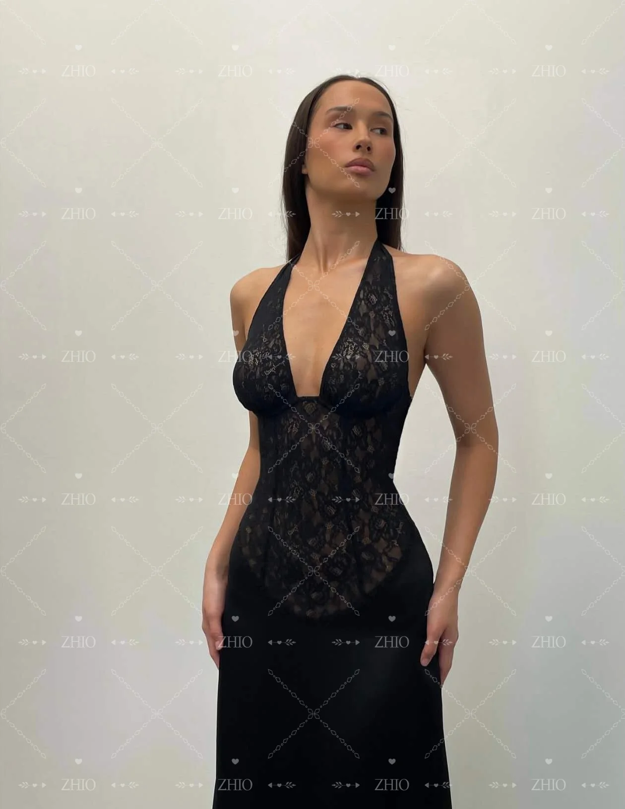 ZHIO Elegante abito da sera nero Halter Backless in raso con sirena in pizzo Lunghezza pavimento Occasioni formali Abito da ballo per feste Personalizzato