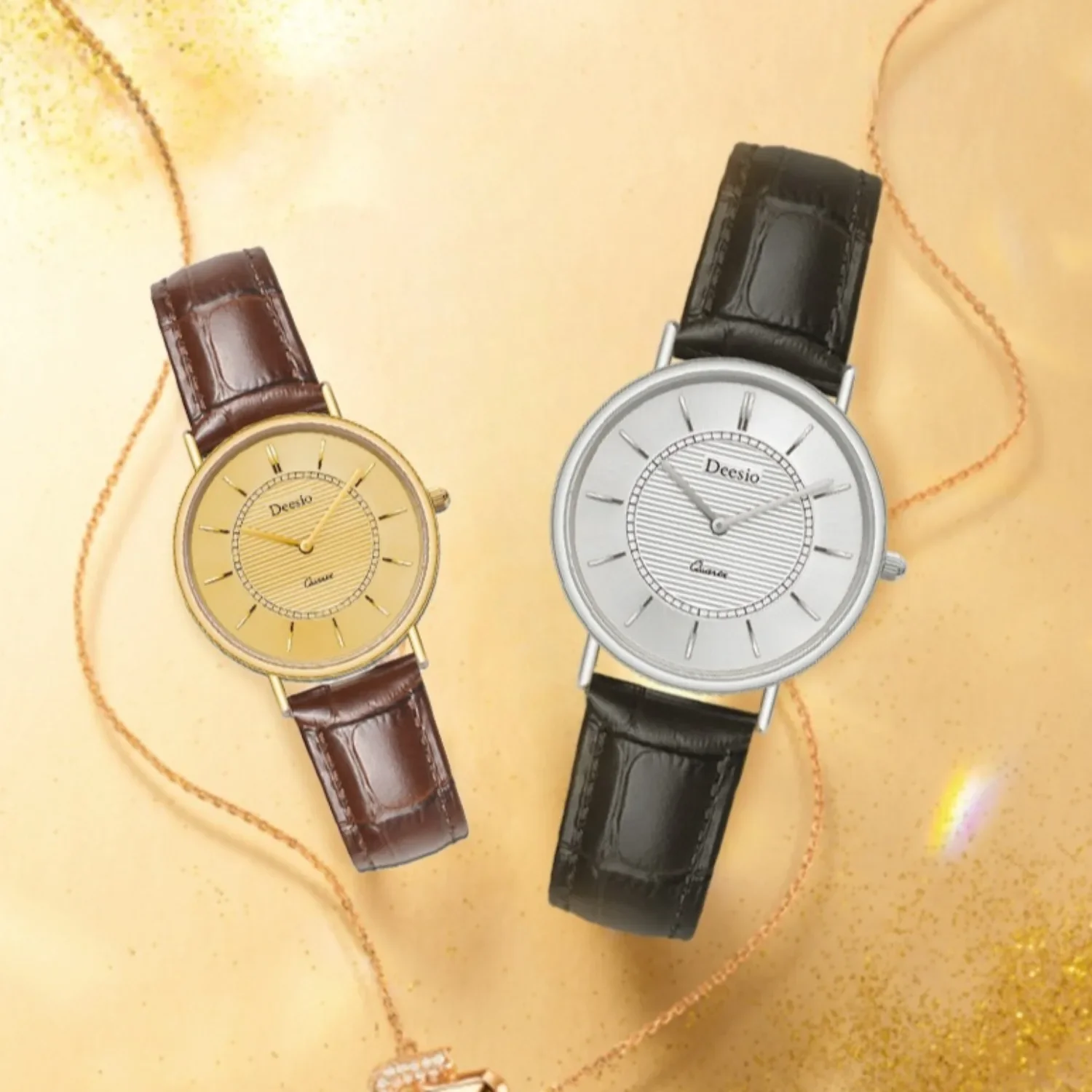 Deesio Imported Quartz Movement Watch Couple Watches Fashionable, Simple and Durable Stainless Steel Waterproof Leather Strap