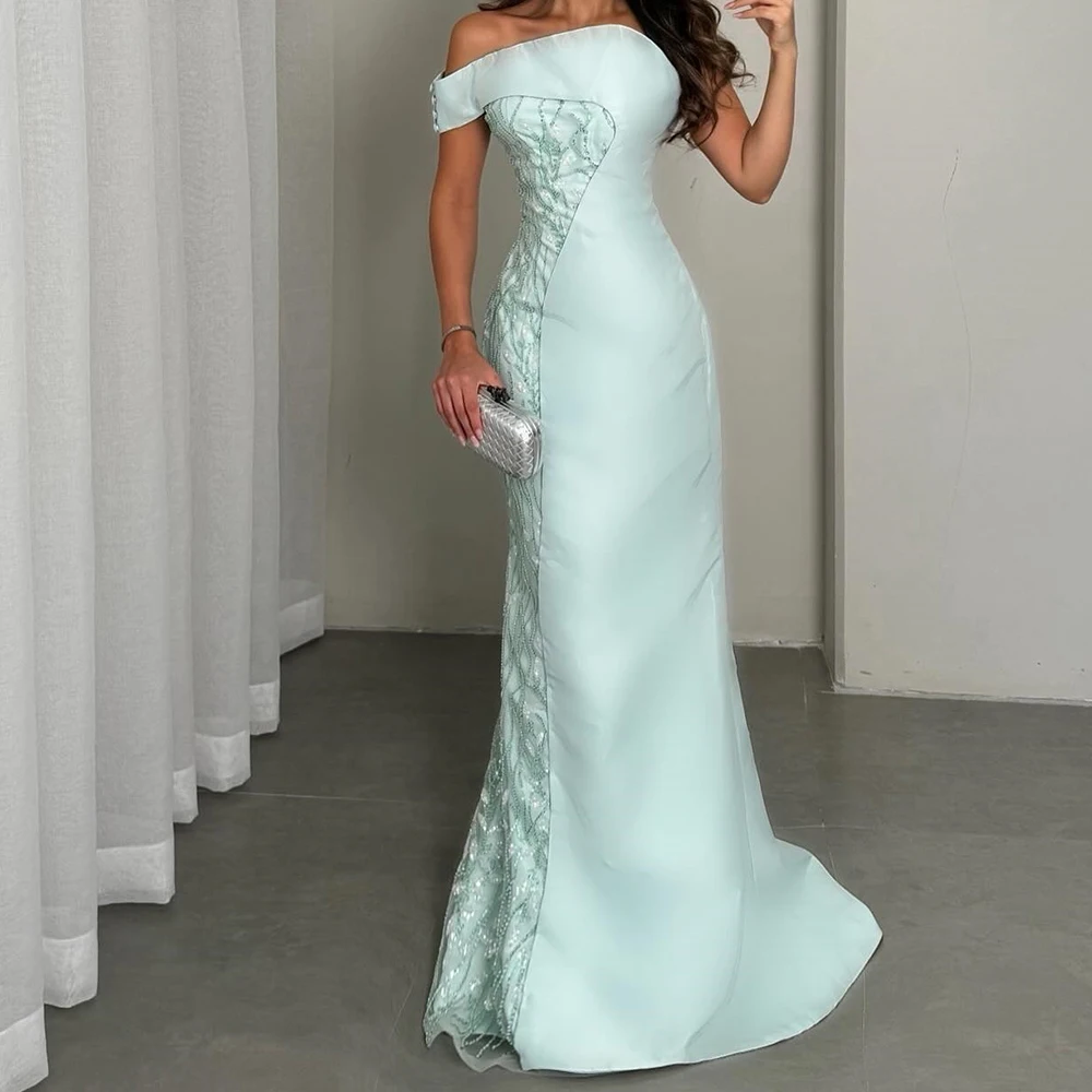 

Satin Strapless One Shoulder Sleeveless Floor Length Straight Evening Dress Beading Buttons Sequined Exquisite Photo Color