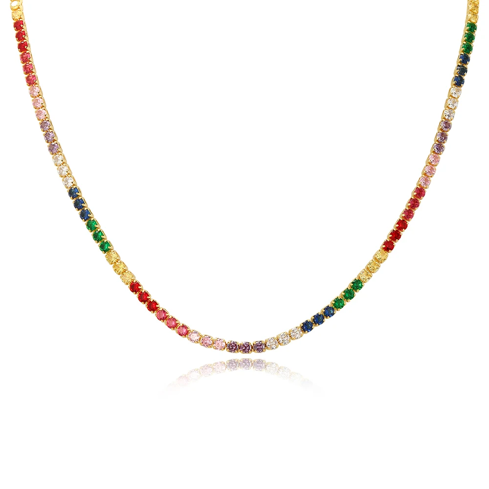 2024 Colorful Rainbow CZ Tennis Chain Bracelet Necklace Micro Pave Red Pink Purple CZ Gold Plated Fashion Wedding Set Jewelry