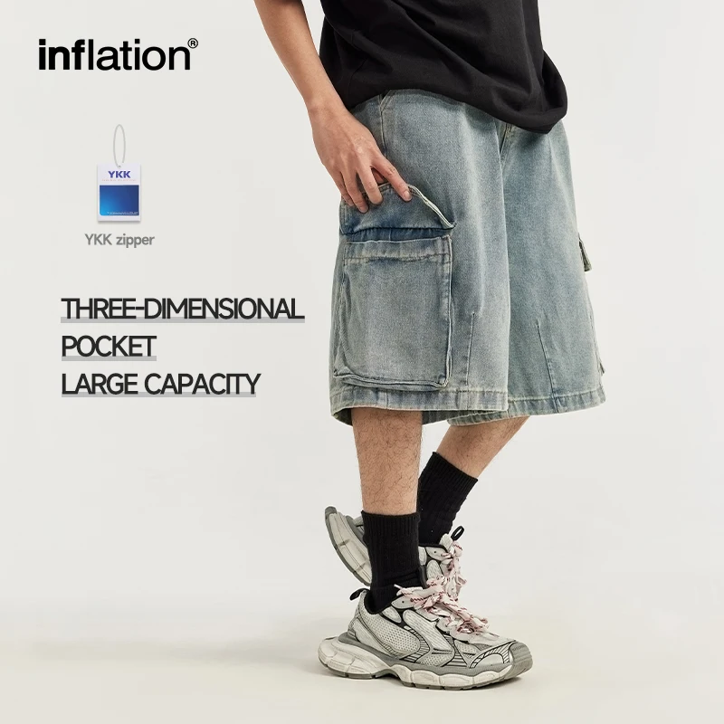 INFLATION Washed Wide Leg Cargo Jeans Shorts Men Distressed Denim Shorts Plus Size