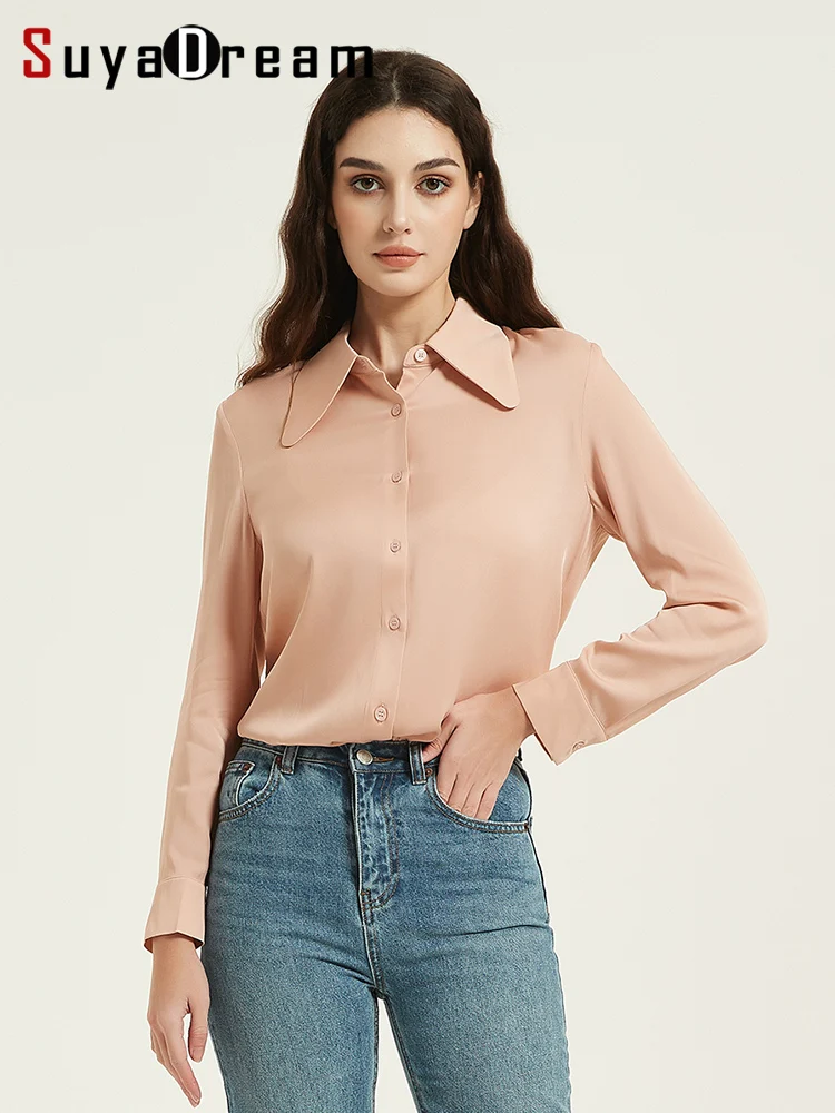 SuyaDream-camisas de vestir de seda de morera para mujer, blusas elegantes de LICRA 90% con botones sólidos para primavera y verano, Top blanco y rosa para oficina, 10%