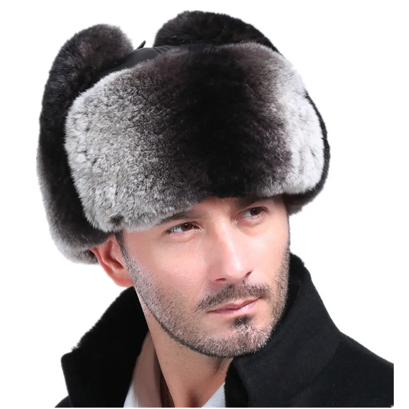 

Classic Men's 100% Natural Rex Rabbit Fur Bomber Hats Chinchilla Color Winter Russian Warm Real Sheepskin Leather Caps