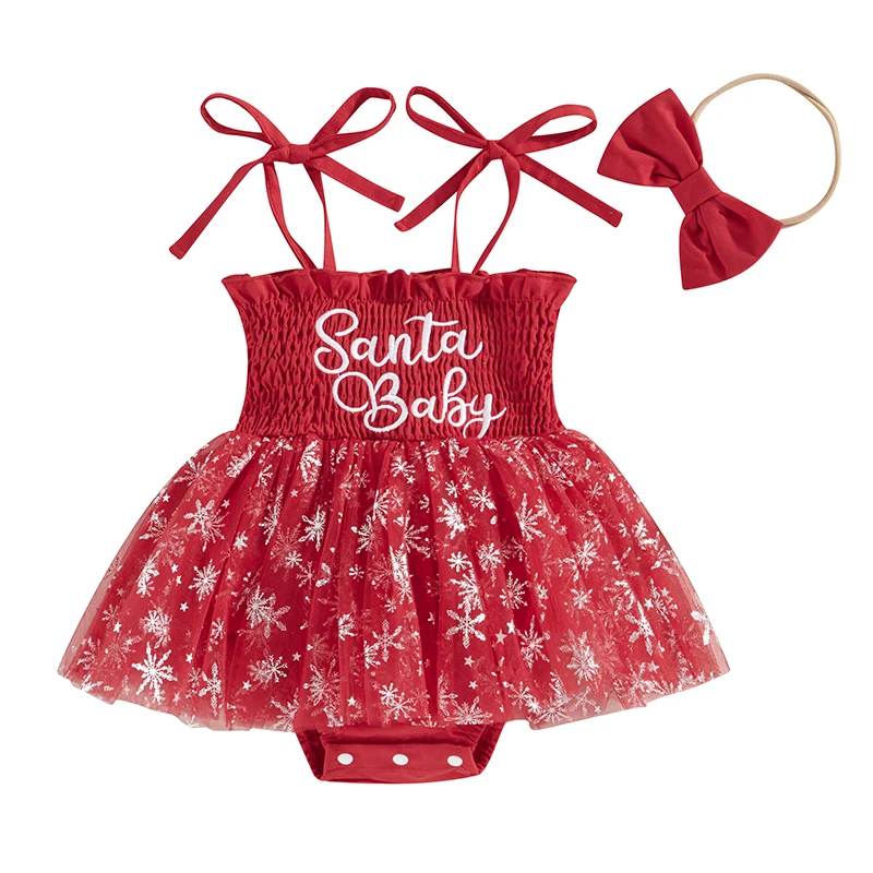 

Baby Girl Christmas Romper Dress Tie Strap Letter Embroidery Snowflake Print Smocked Jumpsuit with Bow Headband