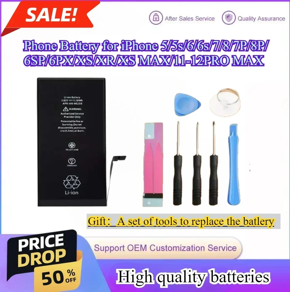 

For IPhone 12 11 Pro Max X XS XR XSMAX 5S 6 6S 7 8 Plus 7p Phone Battery Replacement Capacity Battery for Apple Bateria