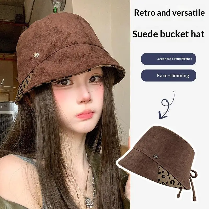 Suede Splicing Drawstring Bucket Hat Womens Retro Niche Leopard Print Basin Hat Autumn Winter Versatile Warm