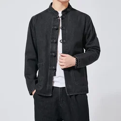 Autumn Men Chinese Style Tang Suit Washed Denim Top Stand Collar Jacket Denim Jacket Men Casual Cotton Coat Jacket Men